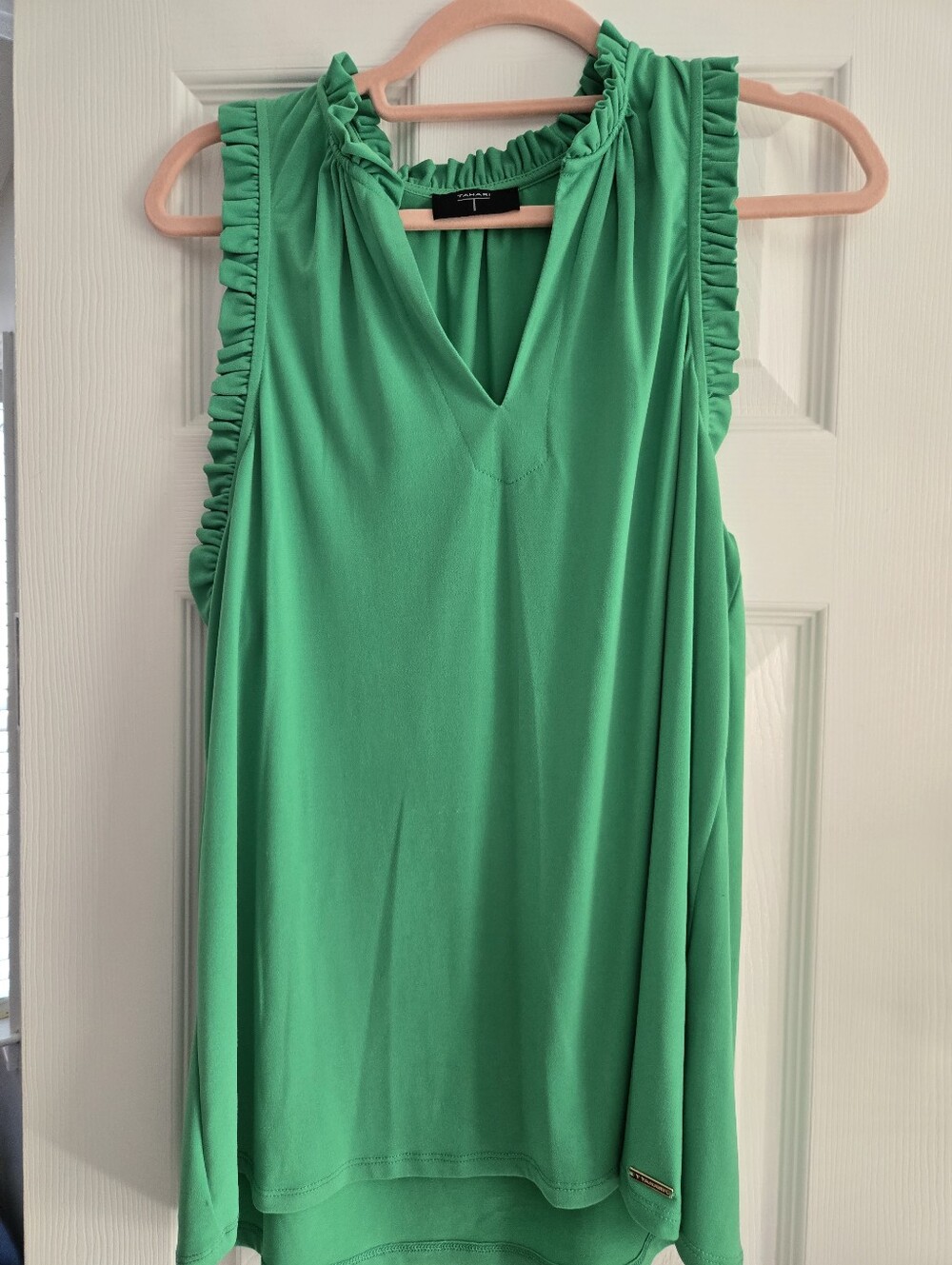 Tahari Bright Green Ruffle-Trim V-Neck Tank